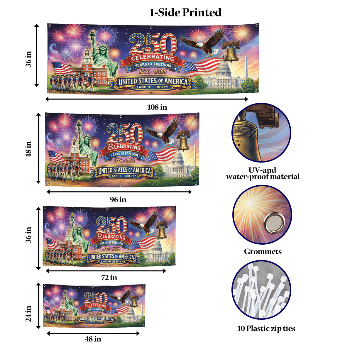 USA 250th Anniversary Banner: Semiquincentennial 1776-2026 Outdoor Fence Decor