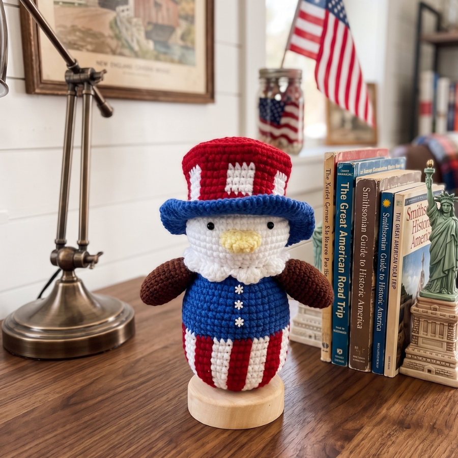 Handmade USA 250th Anniversary Crochet Eagle Doll with Wooden Base – Patriotic Desk Decor, Car Decor & Gift
