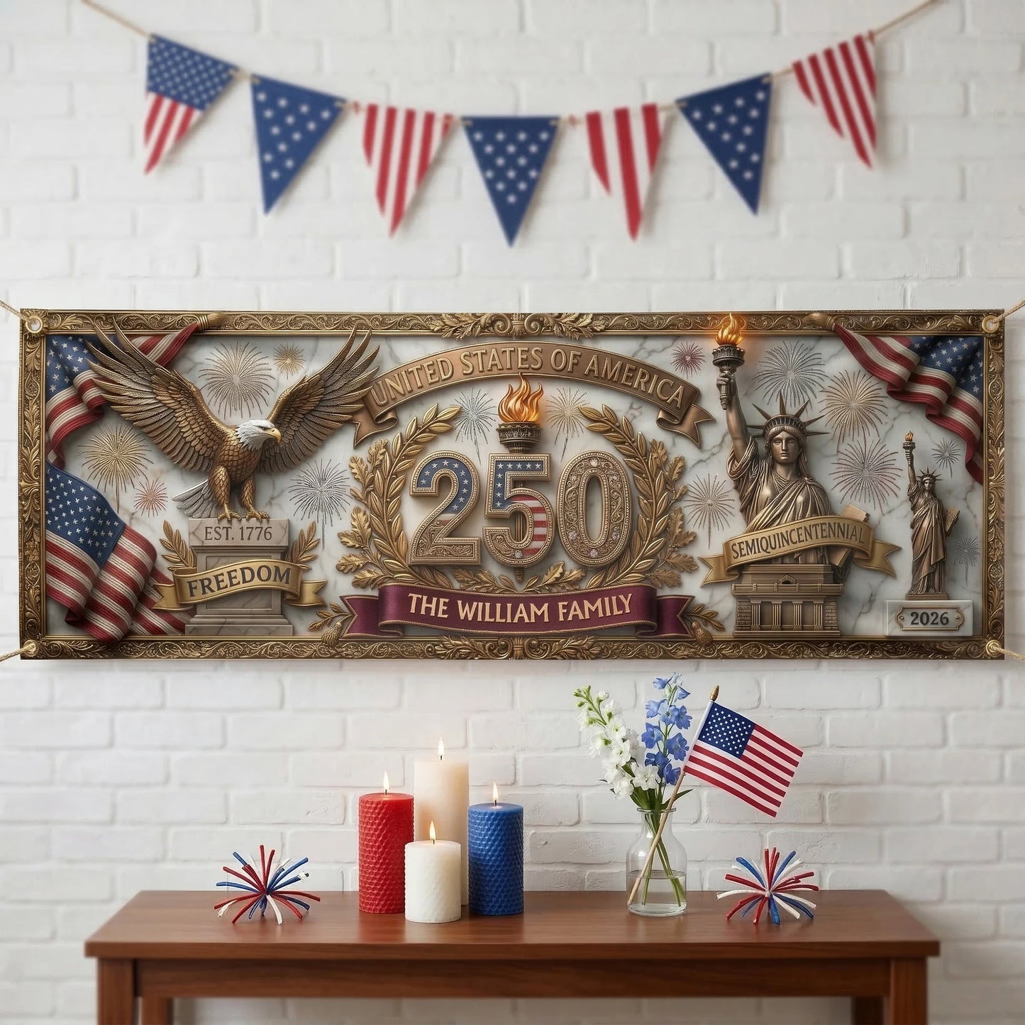 Personalized Banner - USA Semiquincentennial Decor Faux Pattern
