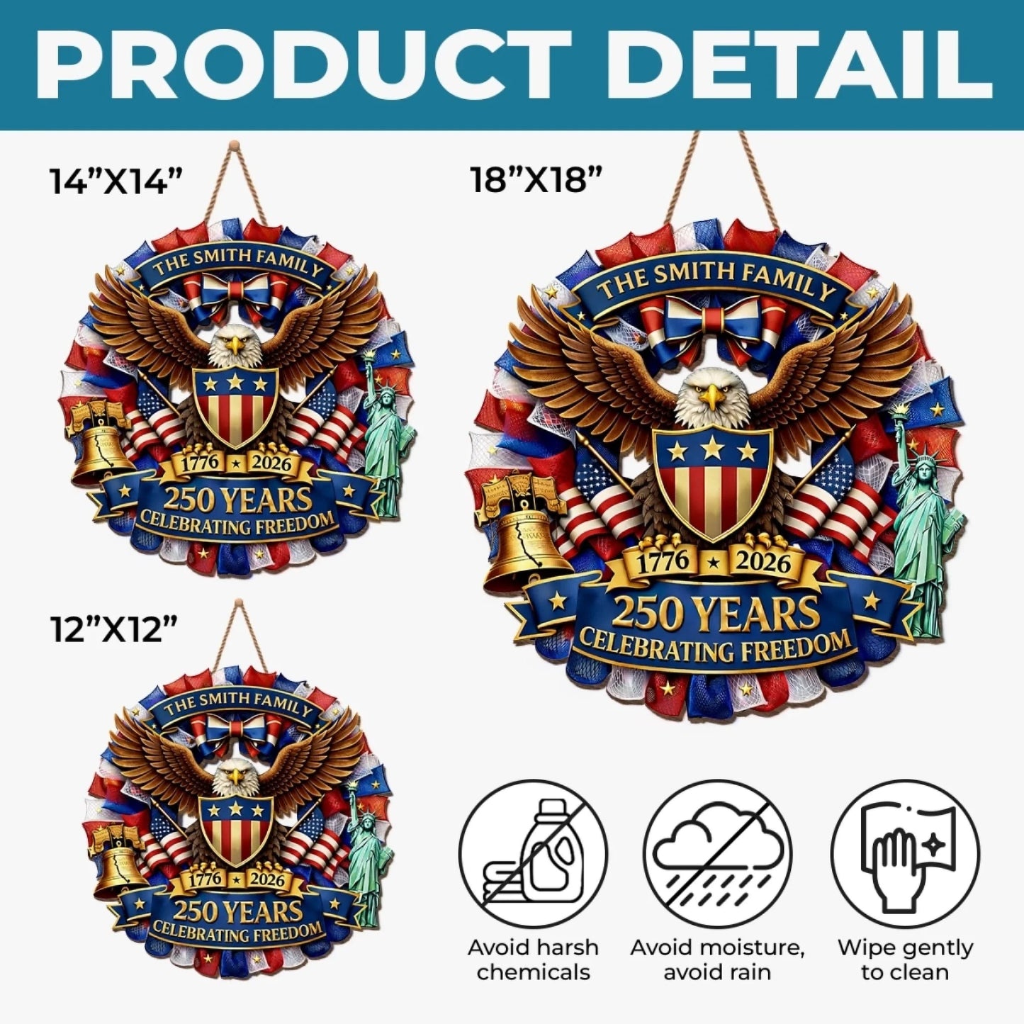 Personalized Patriotic Eagle Mesh Wreath – 250 Years 1776–2026 Family Name Sign