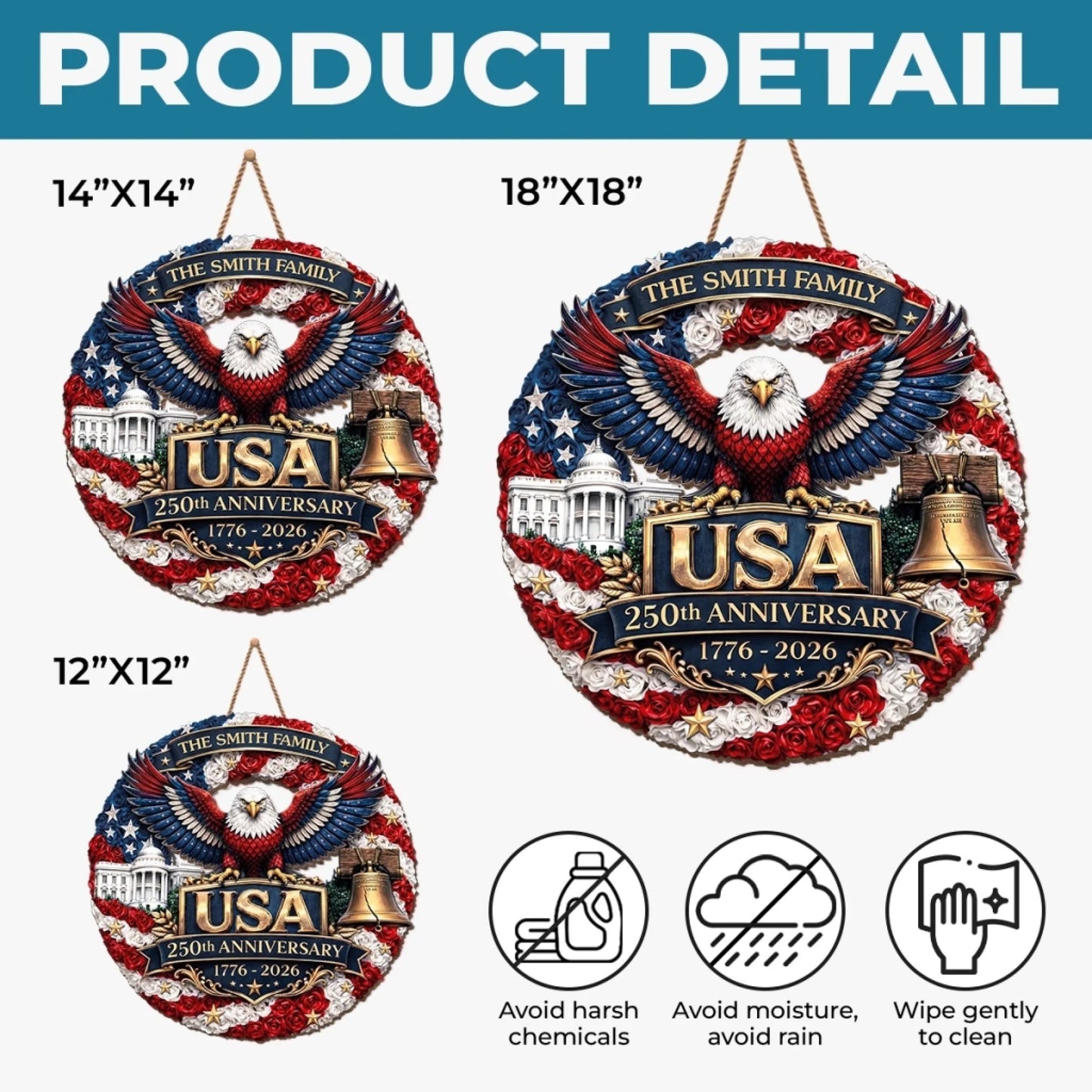 Personalized Patriotic Floral Wreath – USA 250th Anniversary Door Sign