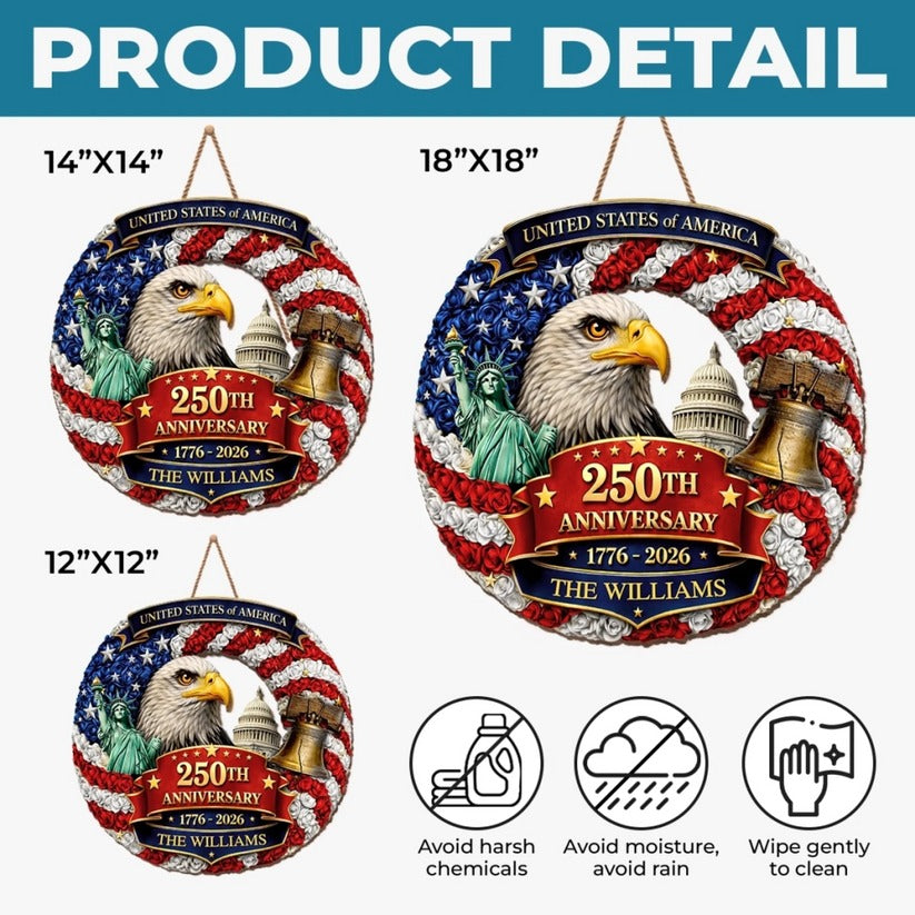 Declaration of Independence 250 Years of Freedom Wooden Sign: We The People Patriotic Door Hanger