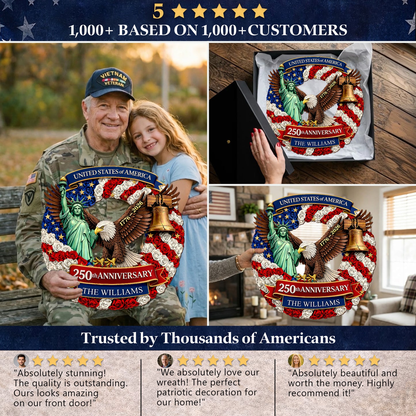 Personalized Freedom & Liberty - 250th Anniversary Floral Wreath Wood Sign