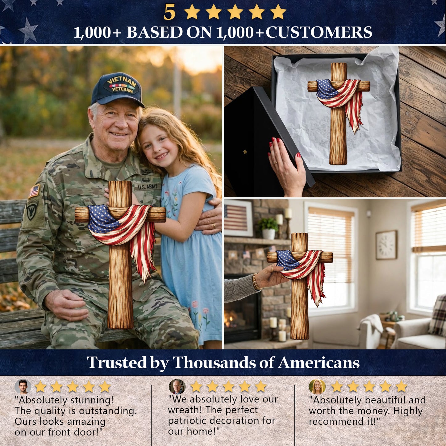 Rustic USA Faith Cross Door Decor for Memorial Day, Independence Day, and Everyday Home Display