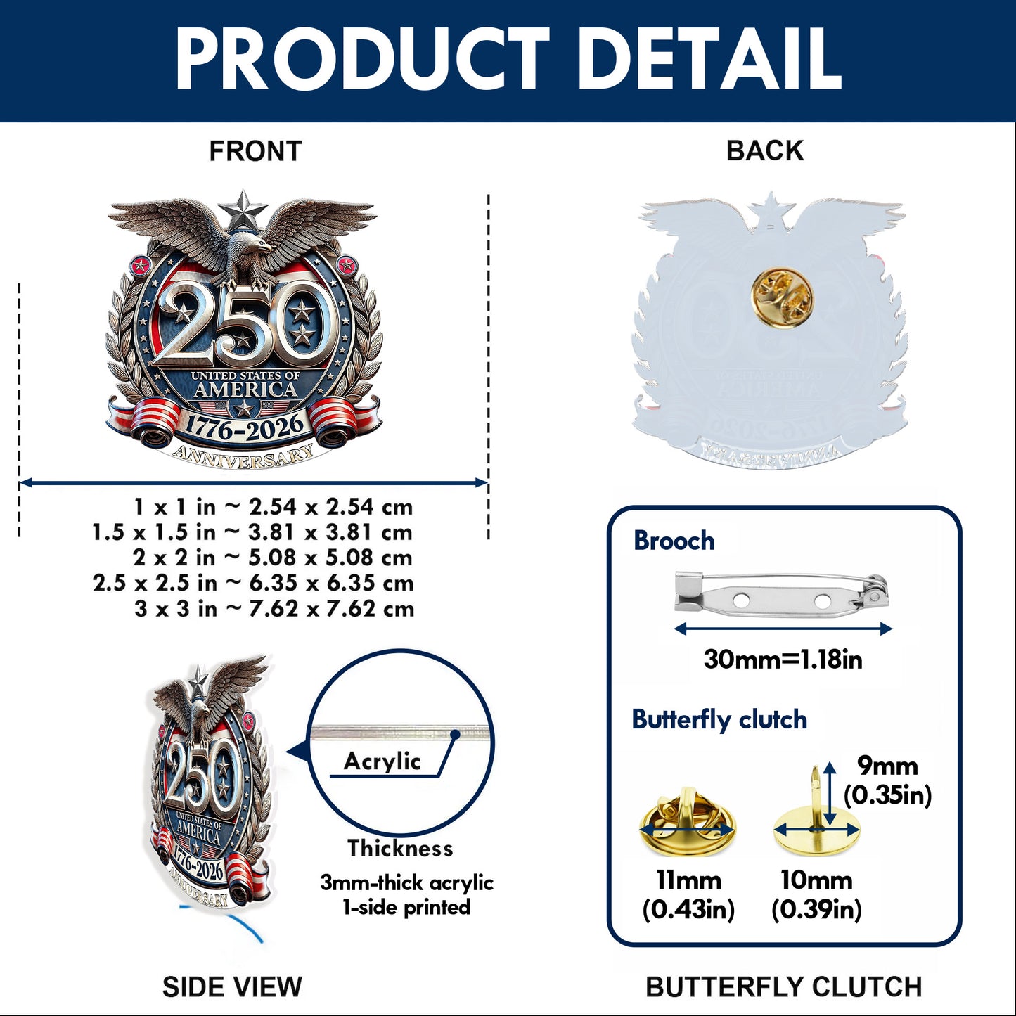 USA 250th Anniversary Eagle Enamel Pin – Bold Patriotic Lapel Accessory for Jackets, Hats & Bags