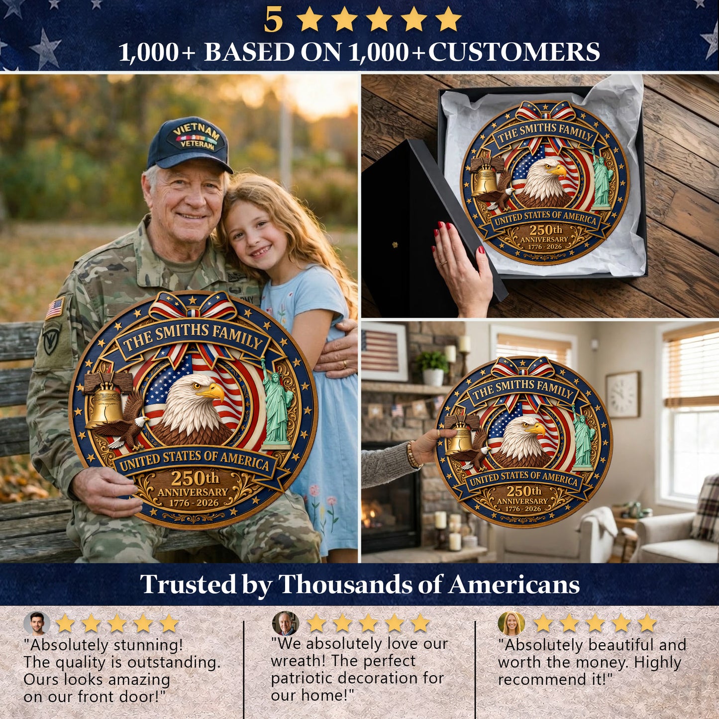 Personalized - Patriotic Home Decor Gift Custom Family Name USA Eagle Liberty Bell Sign Honoring America’s 250th Anniversary
