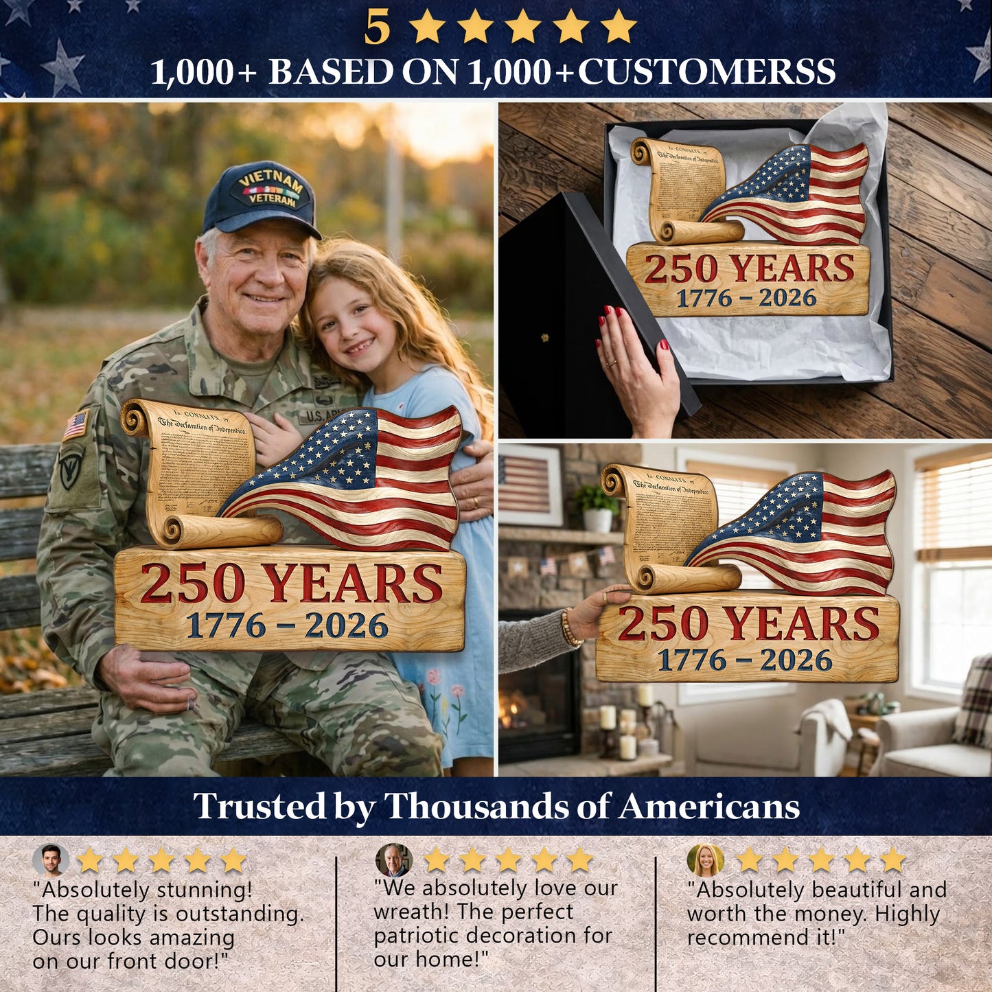 USA 250th Anniversary Wooden Wall Sign – Declaration of Independence & Flag Design (1776-2026)