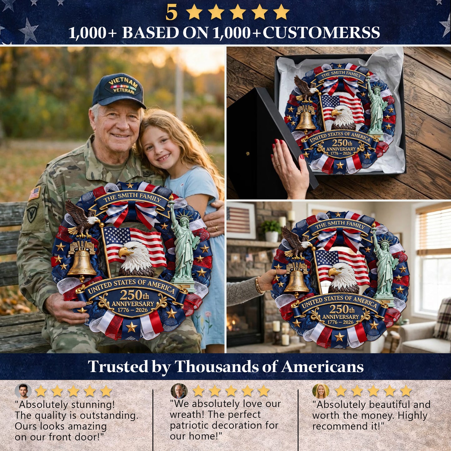 Personalized USA 250th Anniversary Wreath Door Hanger – Custom Family Name (1776–2026)