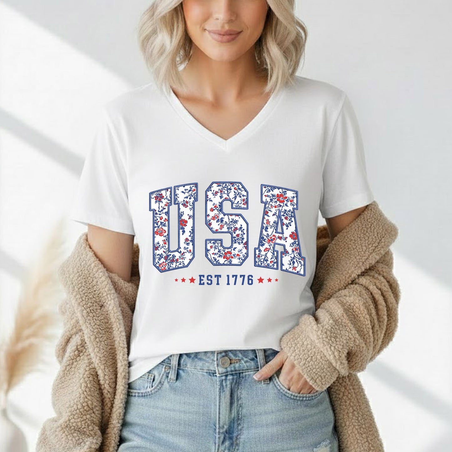 Floral USA Varsity – USA Girls – Unisex T-Shirt Gildan / Comfort Colors / V-Neck / Hoodie / Sweatshirt