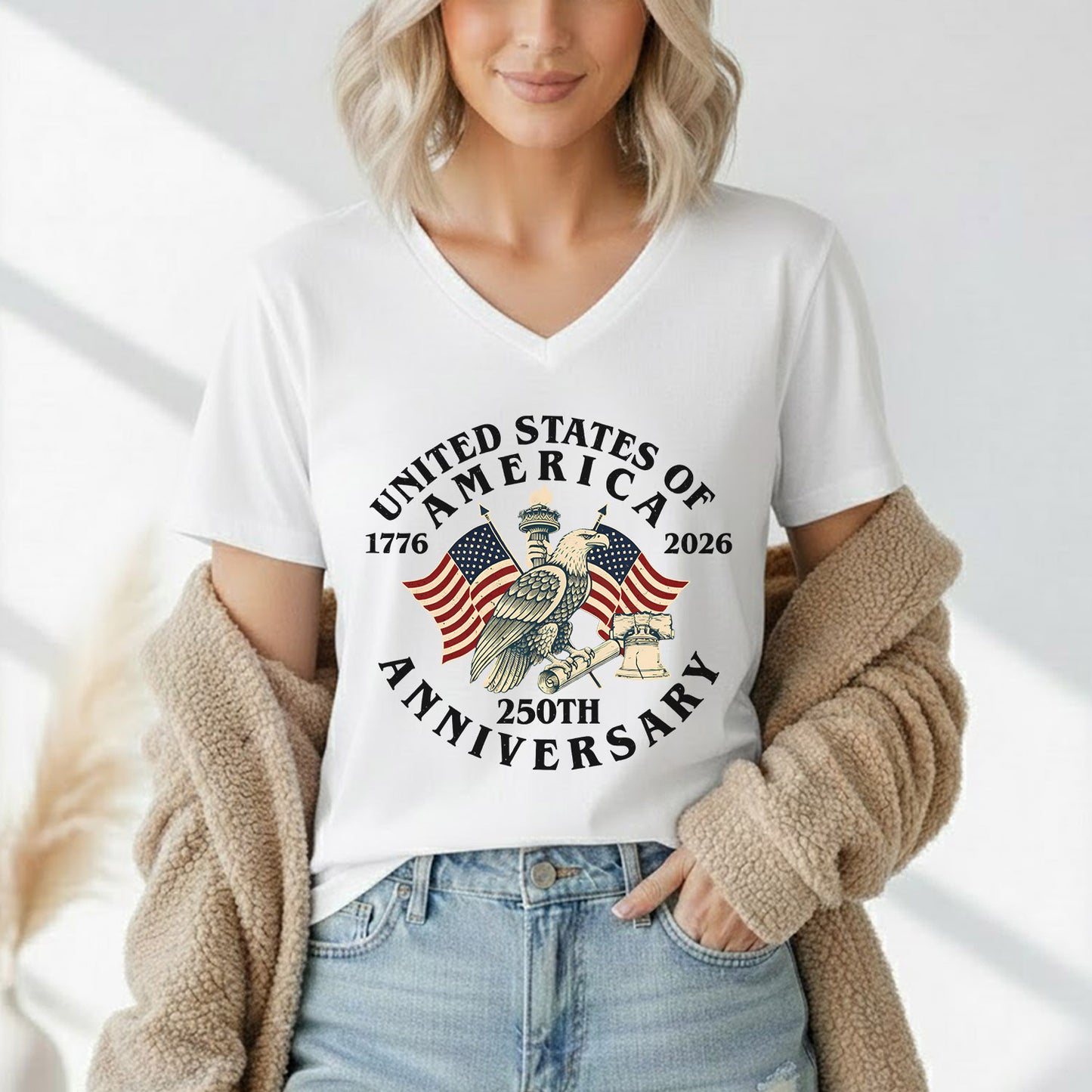USA 250 Classic Badge Patriotic Graphic – America 250th Anniversary – Unisex Tshirt Gildan / Tshirt Comfort / V-neck/ Hoodie / Sweatshirt