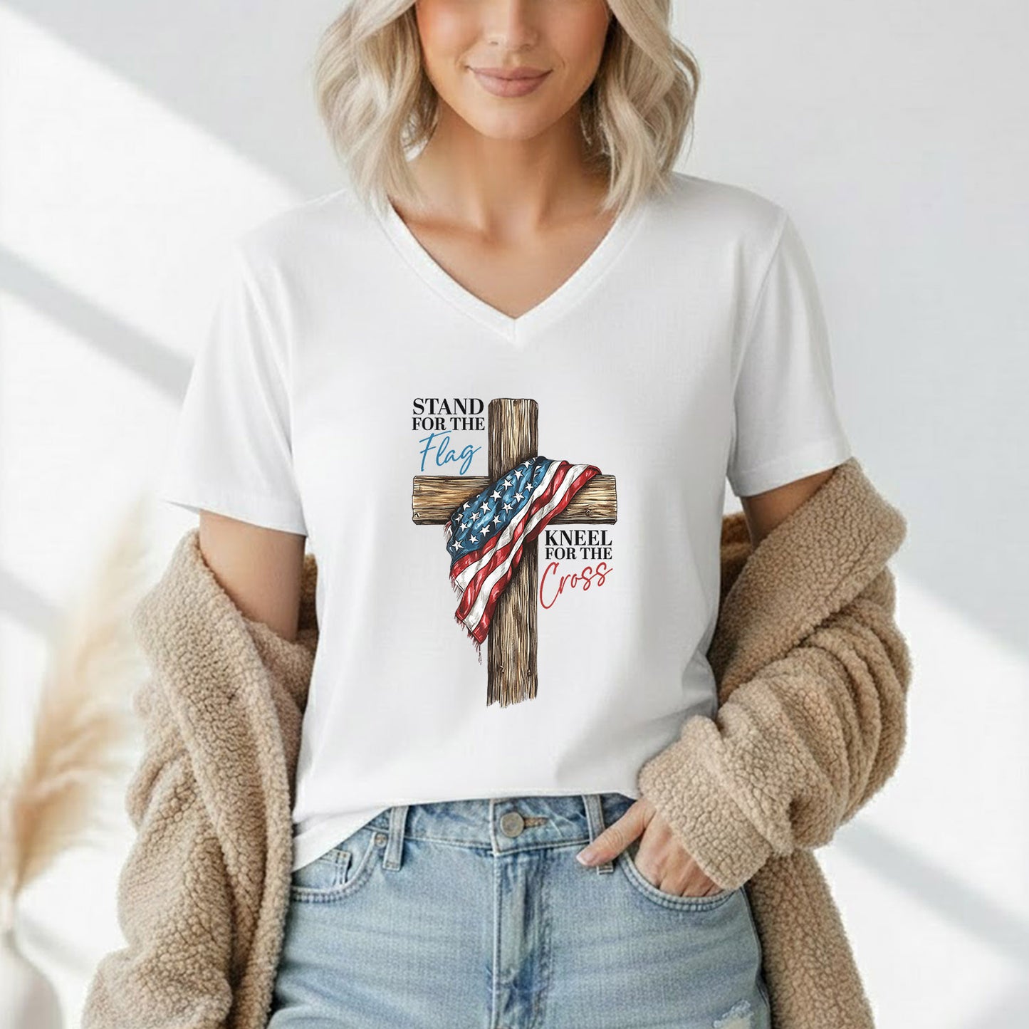 Stand for the Flag, Kneel for the Cross – Faith & Freedom – Unisex Tshirt Gildan / Tshirt Comfort / V-neck/ Hoodie / Sweatshirt