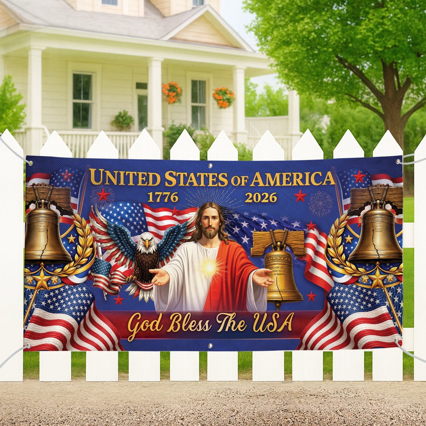 Custom Outdoor Banner – Customize your own message or family name: “God Bless the USA” – make it truly yours..