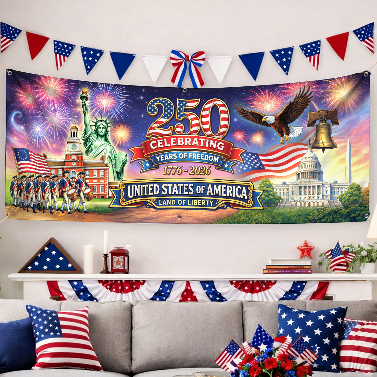 USA 250th Anniversary Banner: Semiquincentennial 1776-2026 Outdoor Fence Decor