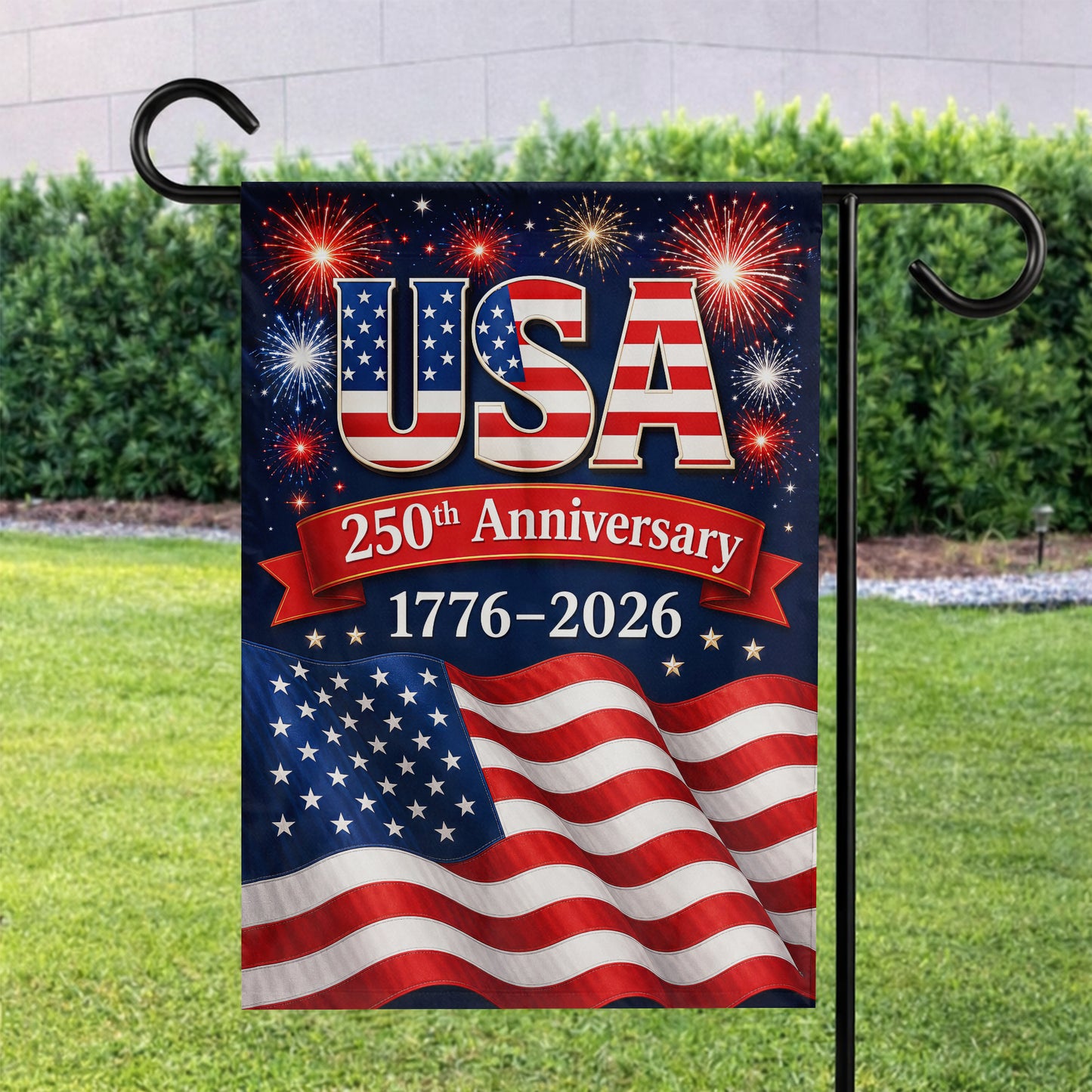 USA 250th Anniversary Garden Flag – American Flag Fireworks Patriotic Decor