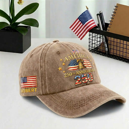 Personalized 250th Anniversary Washed Baseball Cap – Custom Name & USA Flag, 1776-2026
