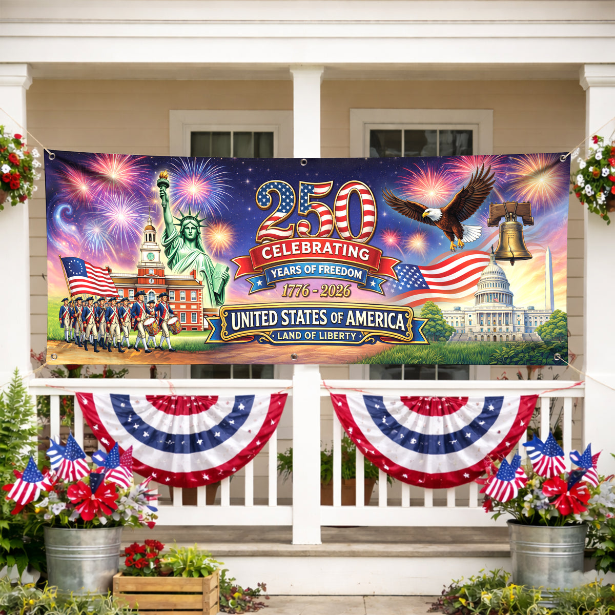 USA 250th Anniversary Banner: Semiquincentennial 1776-2026 Outdoor Fence Decor