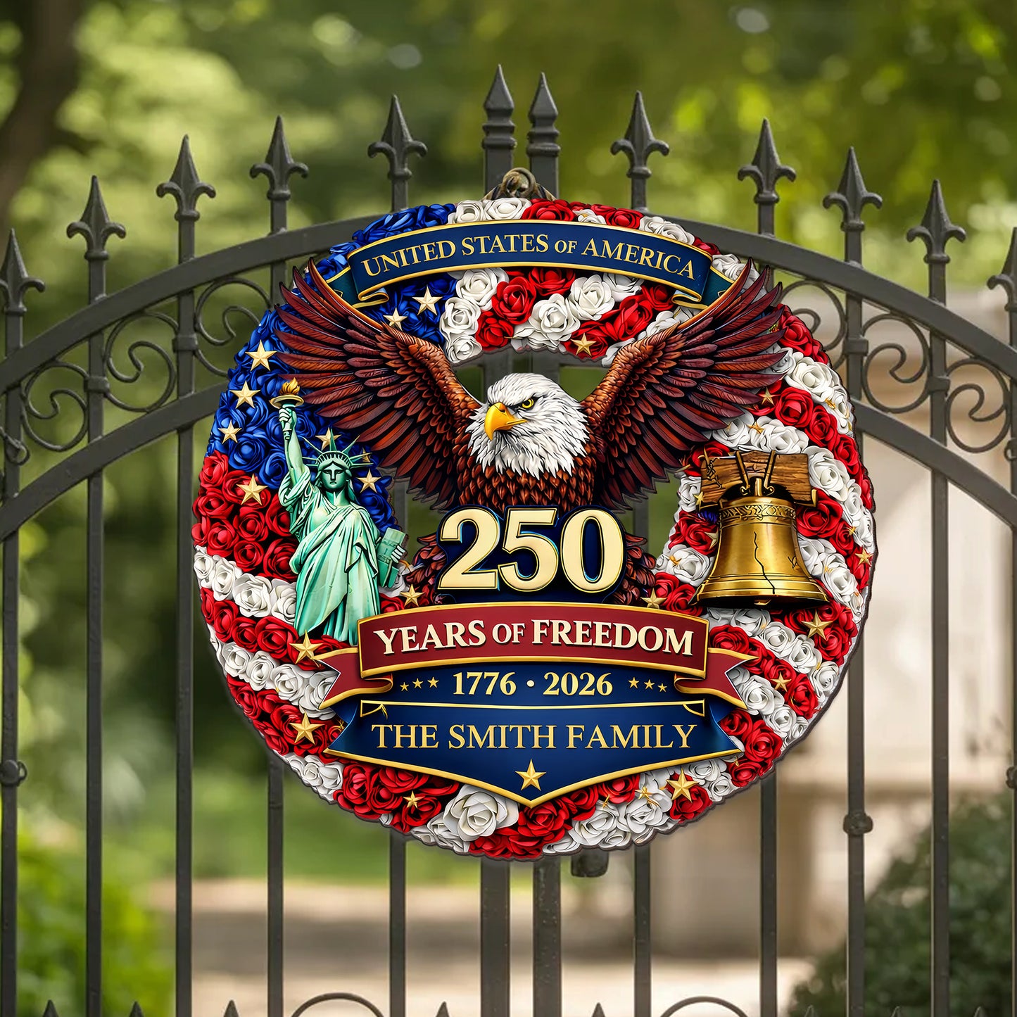 Personalized 250 Years of Freedom - Liberty Bell & Eagle Wreat Wood Sign