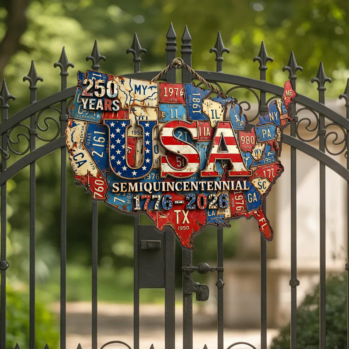 USA Semiquincentennial - State License Plate Wreath Wood Sign