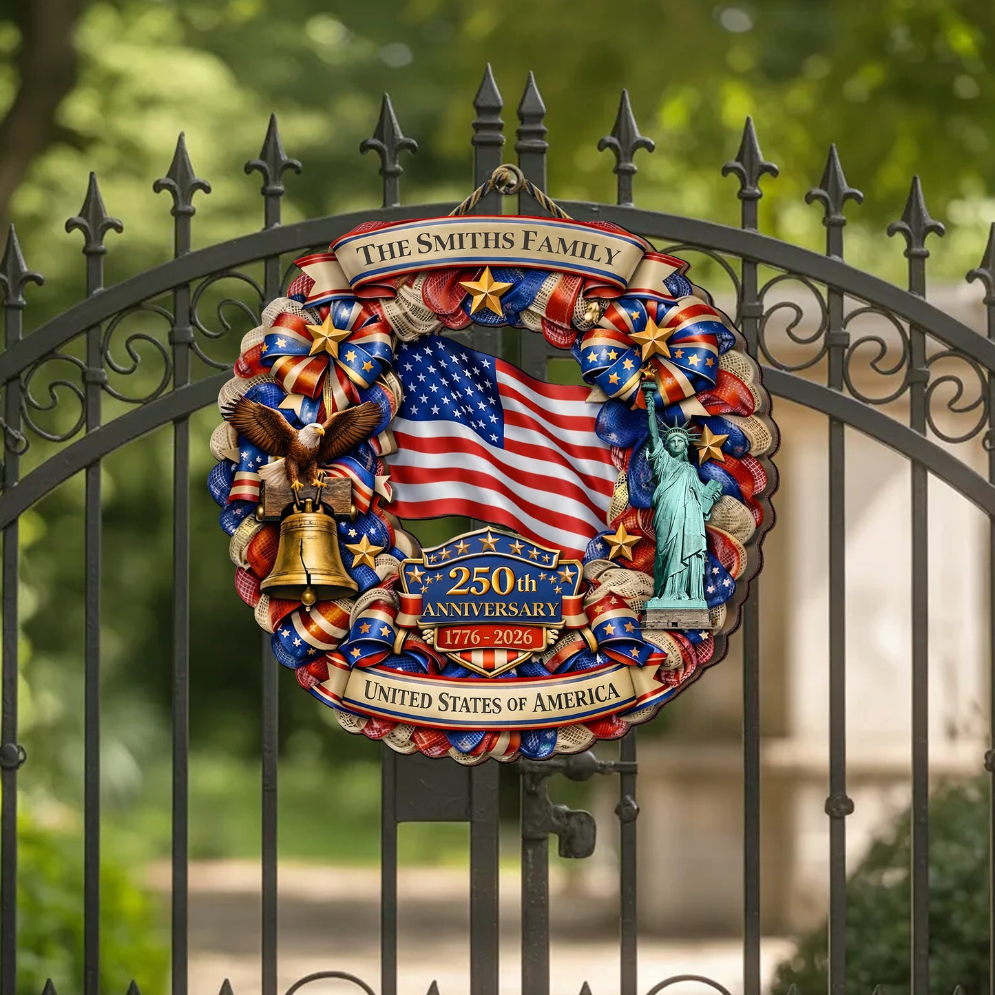 Personalized Patriotic 250th Anniversary - Stars and Stripes Wreath" Wood Sign