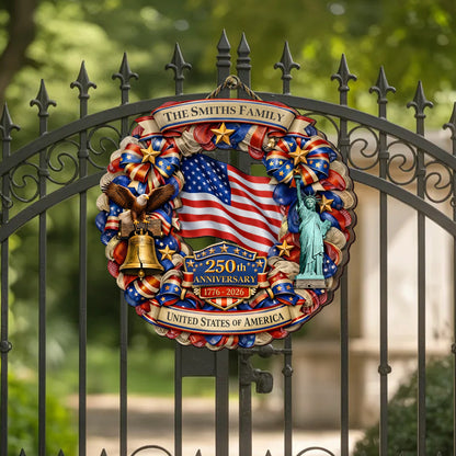 Personalized Patriotic 250th Anniversary - Stars and Stripes Wreath" Wood Sign