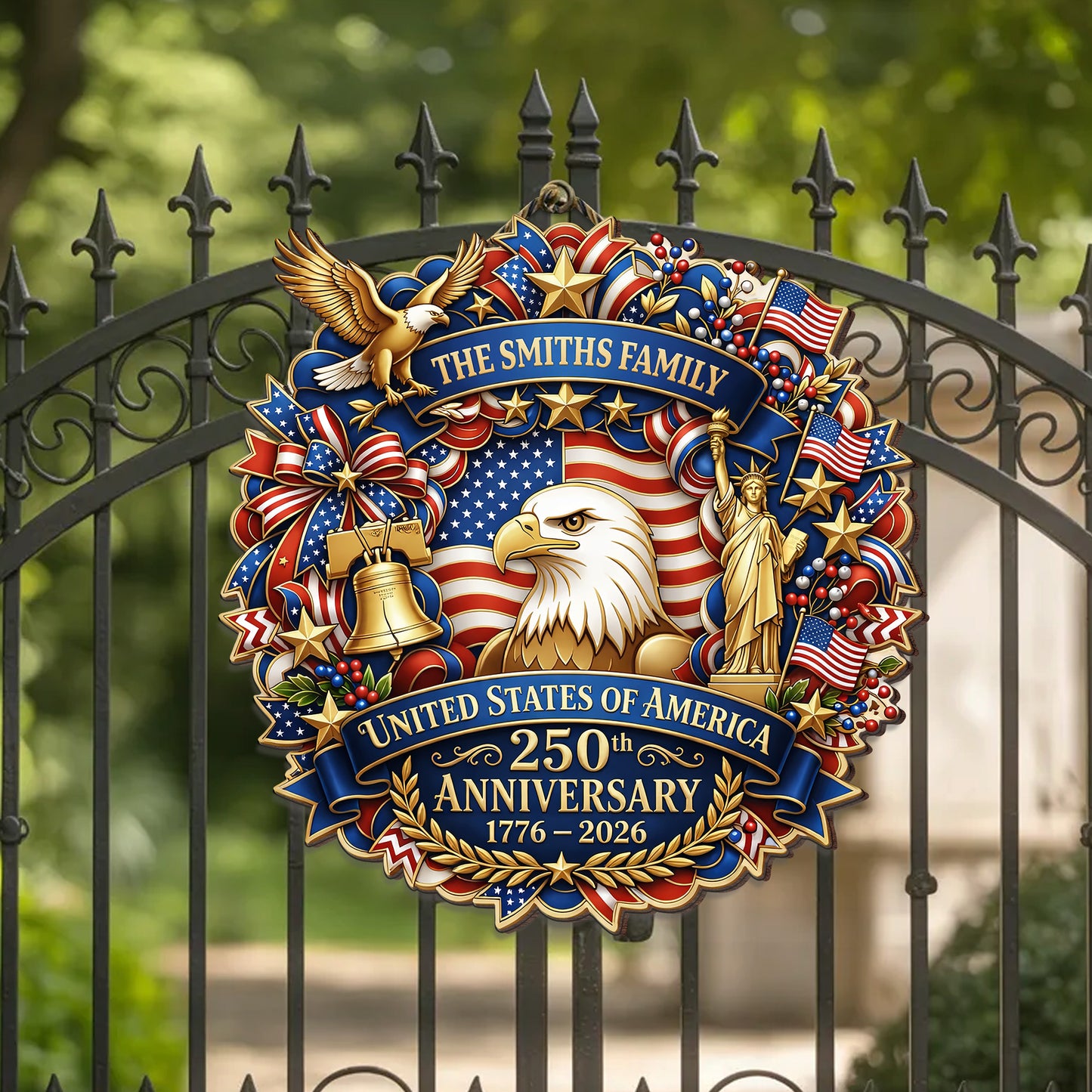 Personalized Wooden Door Sign: United States 250th Anniversary Patriotic Eagle Statue of Liberty Decor