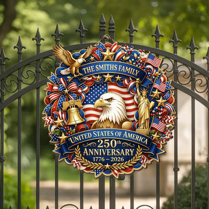 Personalized Wooden Door Sign: United States 250th Anniversary Patriotic Eagle Statue of Liberty Decor
