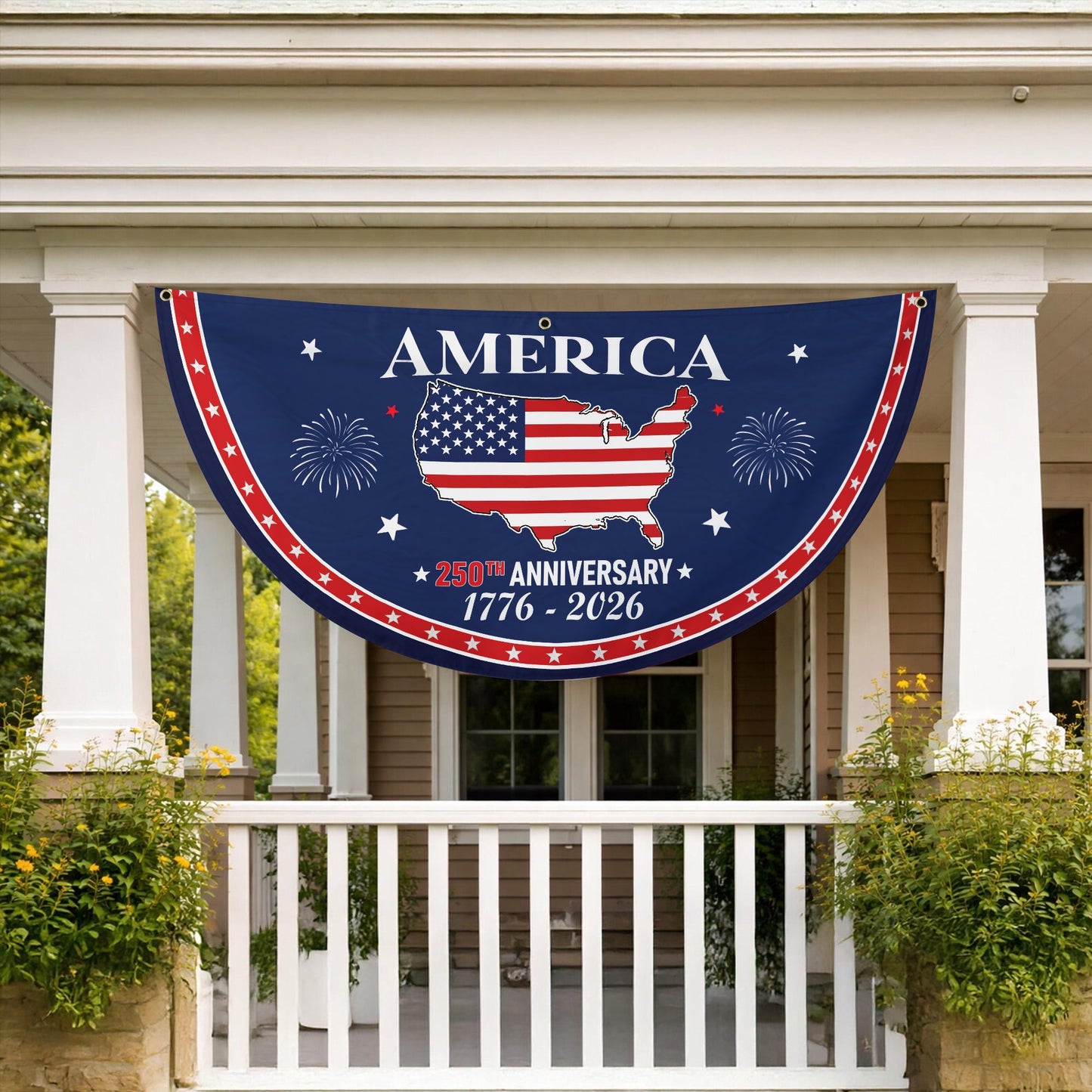 250th Anniversary American Flag 250th Anniversary Celebration Flag – USA Map with Fireworks Design