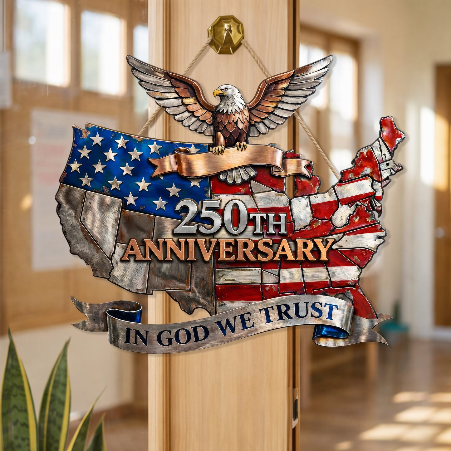 In God We Trust USA Map 250th Anniversary Wood Sign