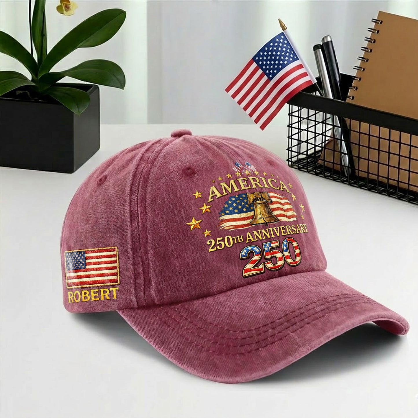 Personalized 250th Anniversary Washed Baseball Cap – Custom Name & USA Flag, 1776-2026