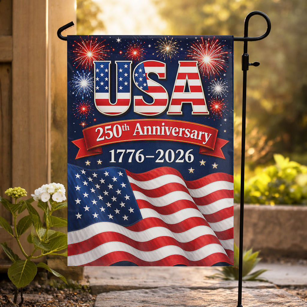 USA 250th Anniversary Garden Flag – American Flag Fireworks Patriotic Decor