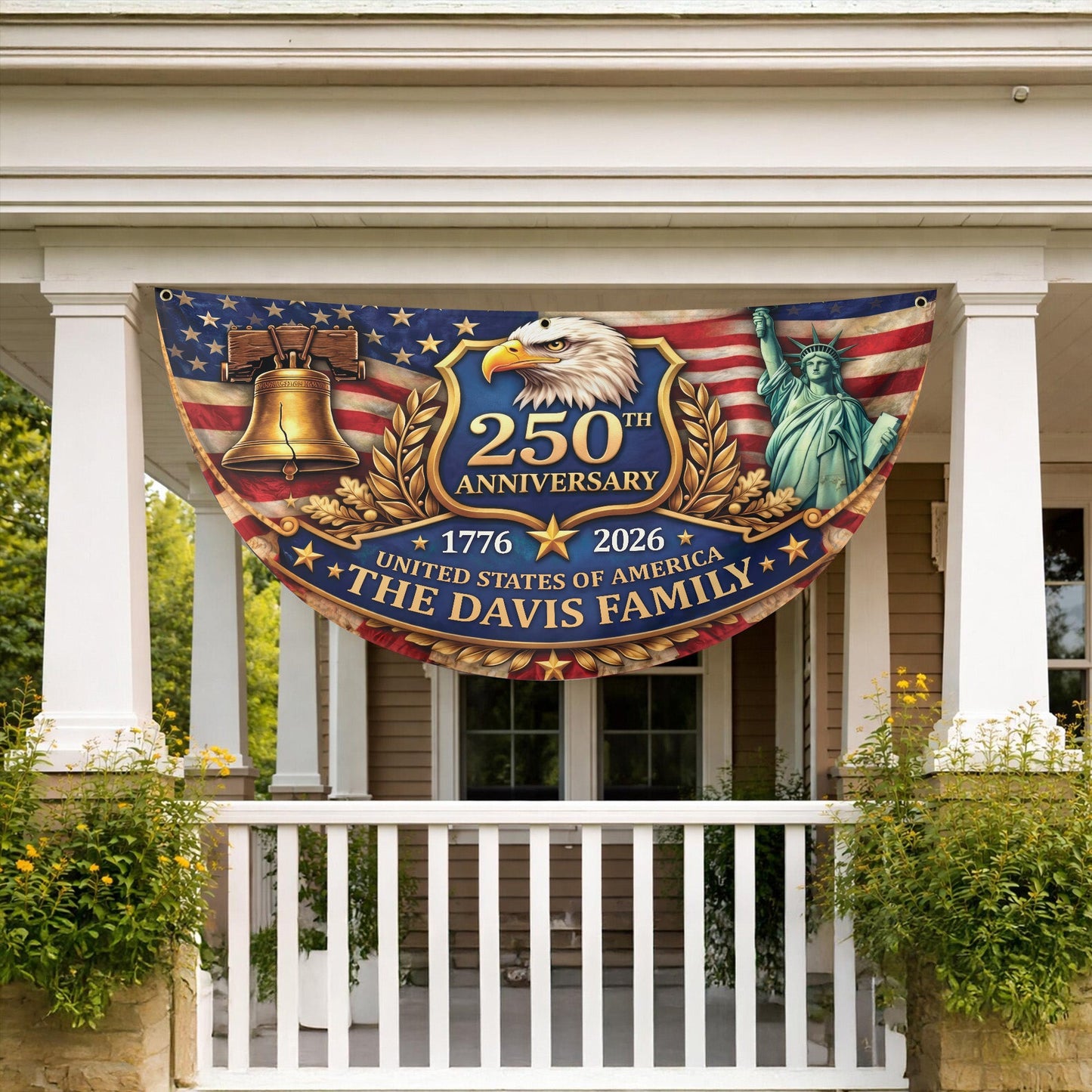 Personalized 250th Anniversary USA Flag – Custom Family Name, Eagle, Liberty Bell, 1776-2026