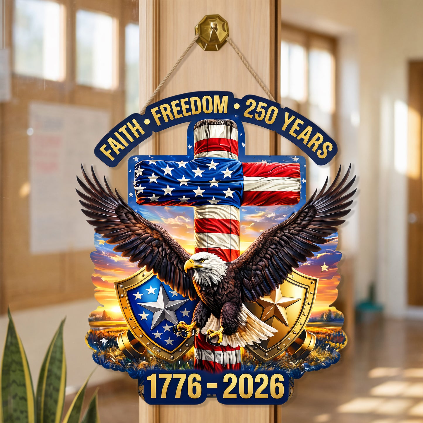 Faith Freedom 250 Years Cross Eagle Wood Sign