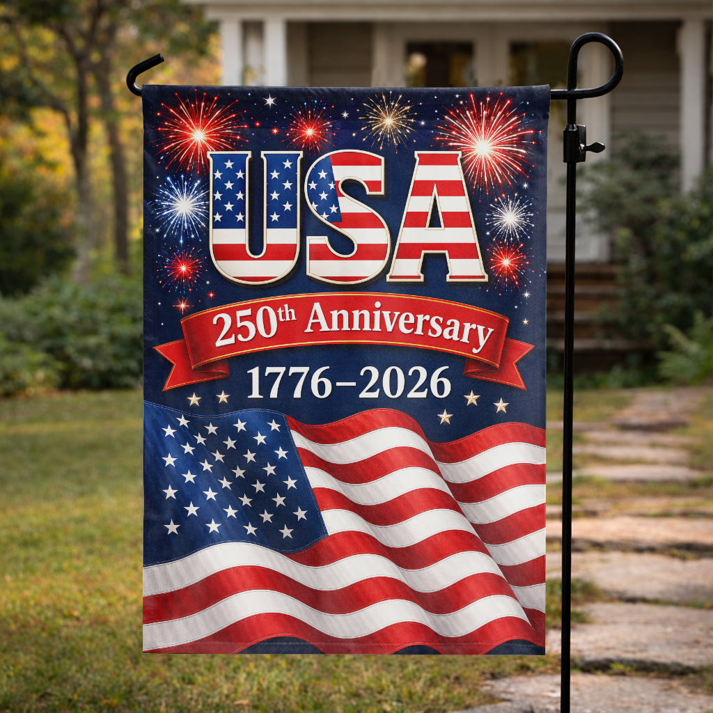 USA 250th Anniversary Garden Flag – American Flag Fireworks Patriotic Decor