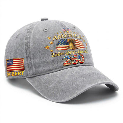 Personalized 250th Anniversary Washed Baseball Cap – Custom Name & USA Flag, 1776-2026