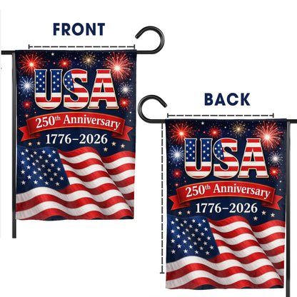 USA 250th Anniversary Garden Flag – American Flag Fireworks Patriotic Decor