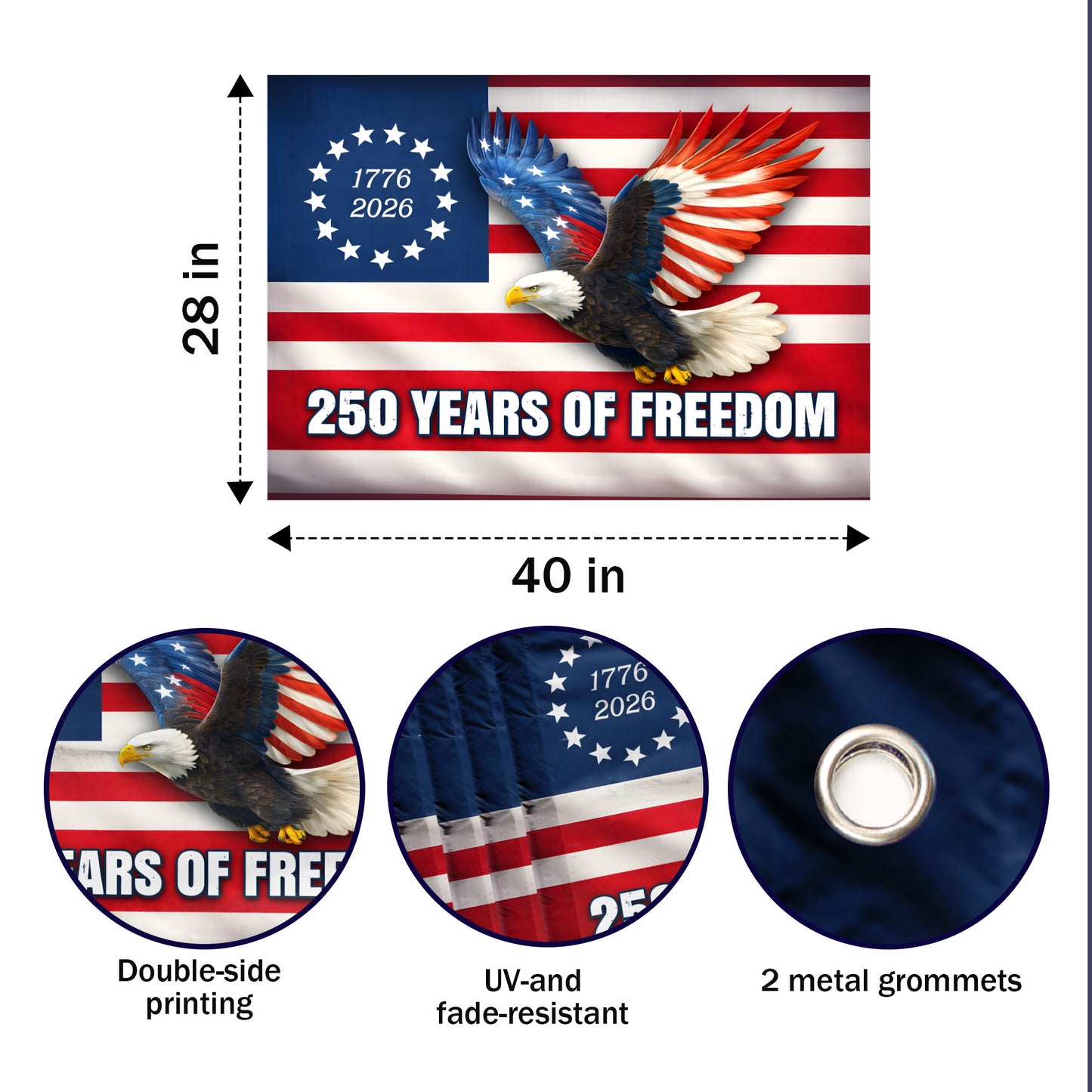 USA 250th Anniversary Flag 250 Years of Freedom 1776 2026 with Eagle & Star Design - House Flag/Garden Flag