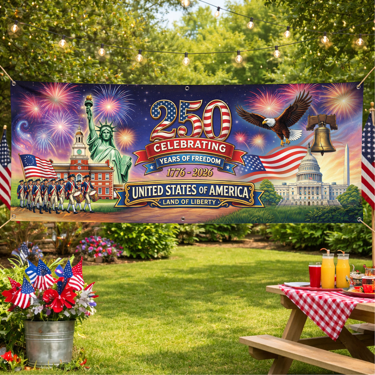 USA 250th Anniversary Banner: Semiquincentennial 1776-2026 Outdoor Fence Decor