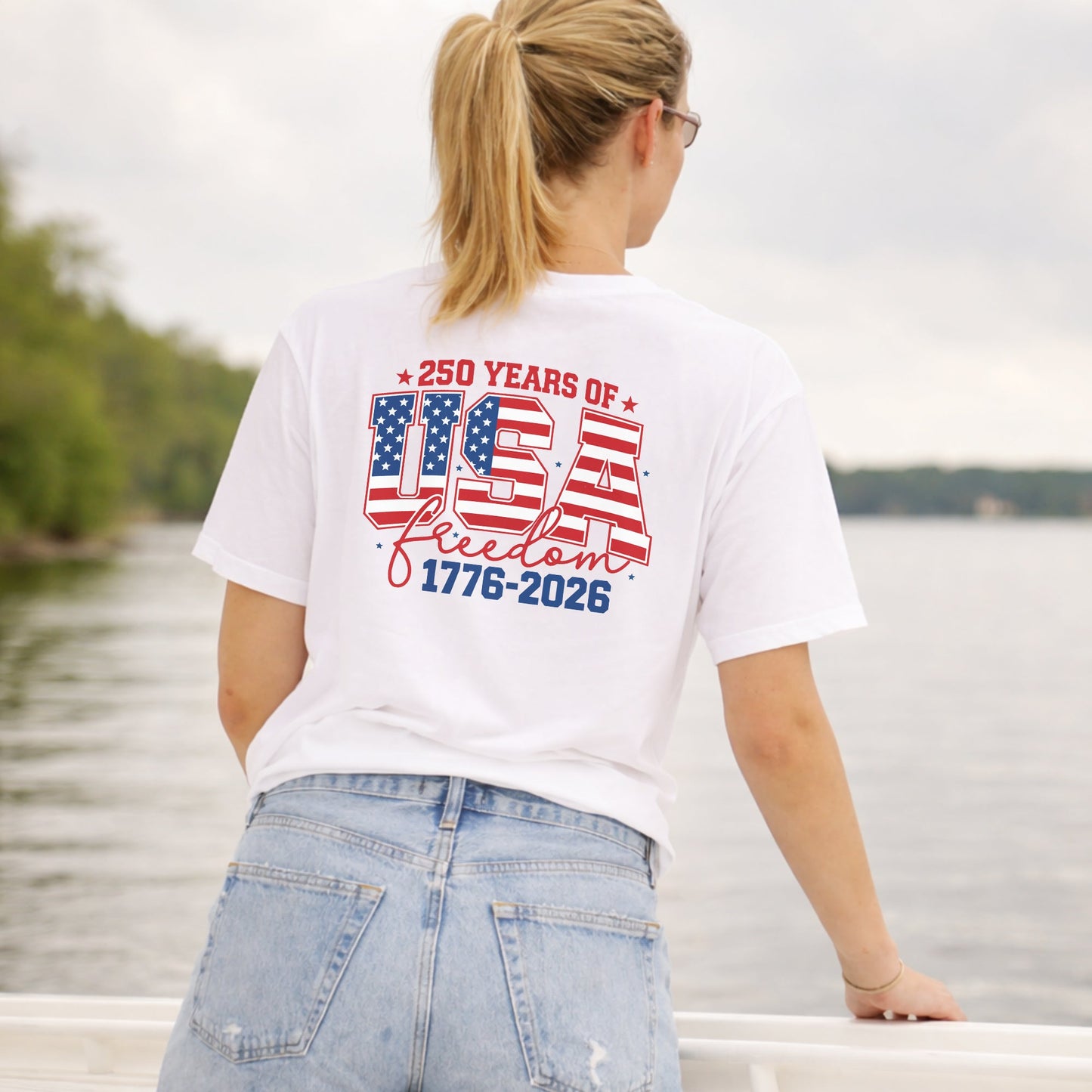 [Two Side] American Flag Freedom Shirt – USA 250th Anniversary Eagle Back Design, Unisex Patriotic Tee