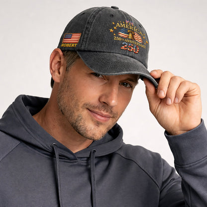 Personalized 250th Anniversary Washed Baseball Cap – Custom Name & USA Flag, 1776-2026