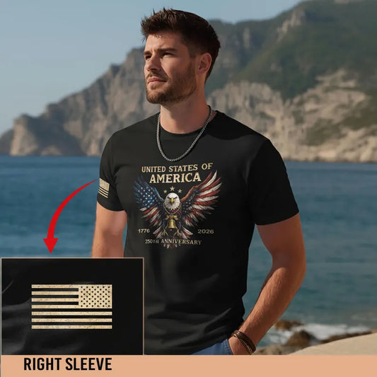 United States 250th Anniversary Eagle Shirt with Flag Print on Sleeve – Unisex T-Shirt Gildan / Comfort / V-Neck / Hoodie / Sweatshirt