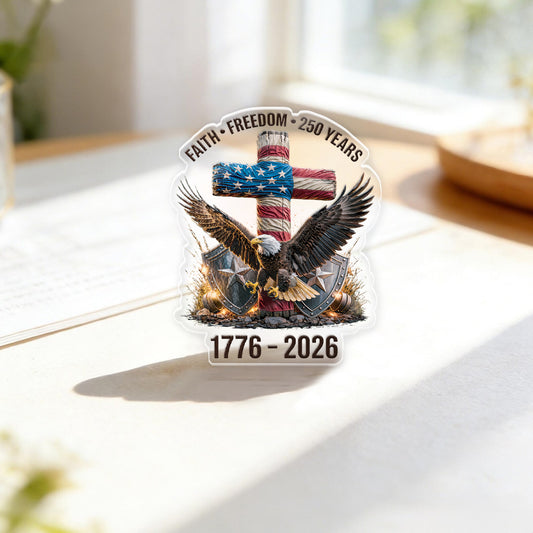Faith Freedom Cross Eagle Acrylic Pin – USA 250 Years Patriotic Lapel Accessory for Jackets, Hats & Bags