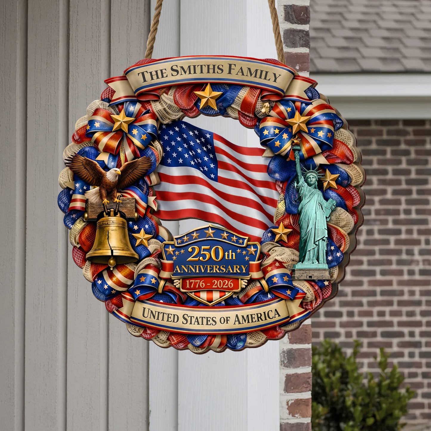 Personalized Patriotic 250th Anniversary - Stars and Stripes Wreath" Wood Sign