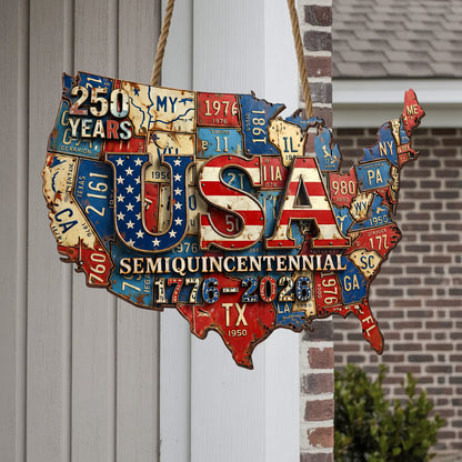 USA Semiquincentennial - State License Plate Wreath Wood Sign