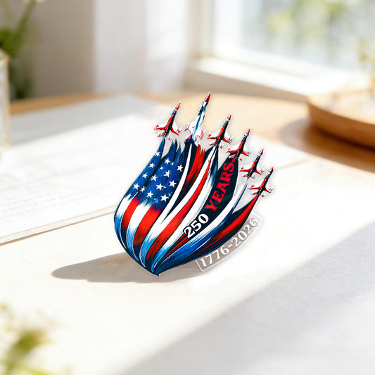 Patriotic Jet Flag 250 Years Acrylic Pin – Dynamic USA Freedom Lapel Accessory for Jackets, Hats & Bags