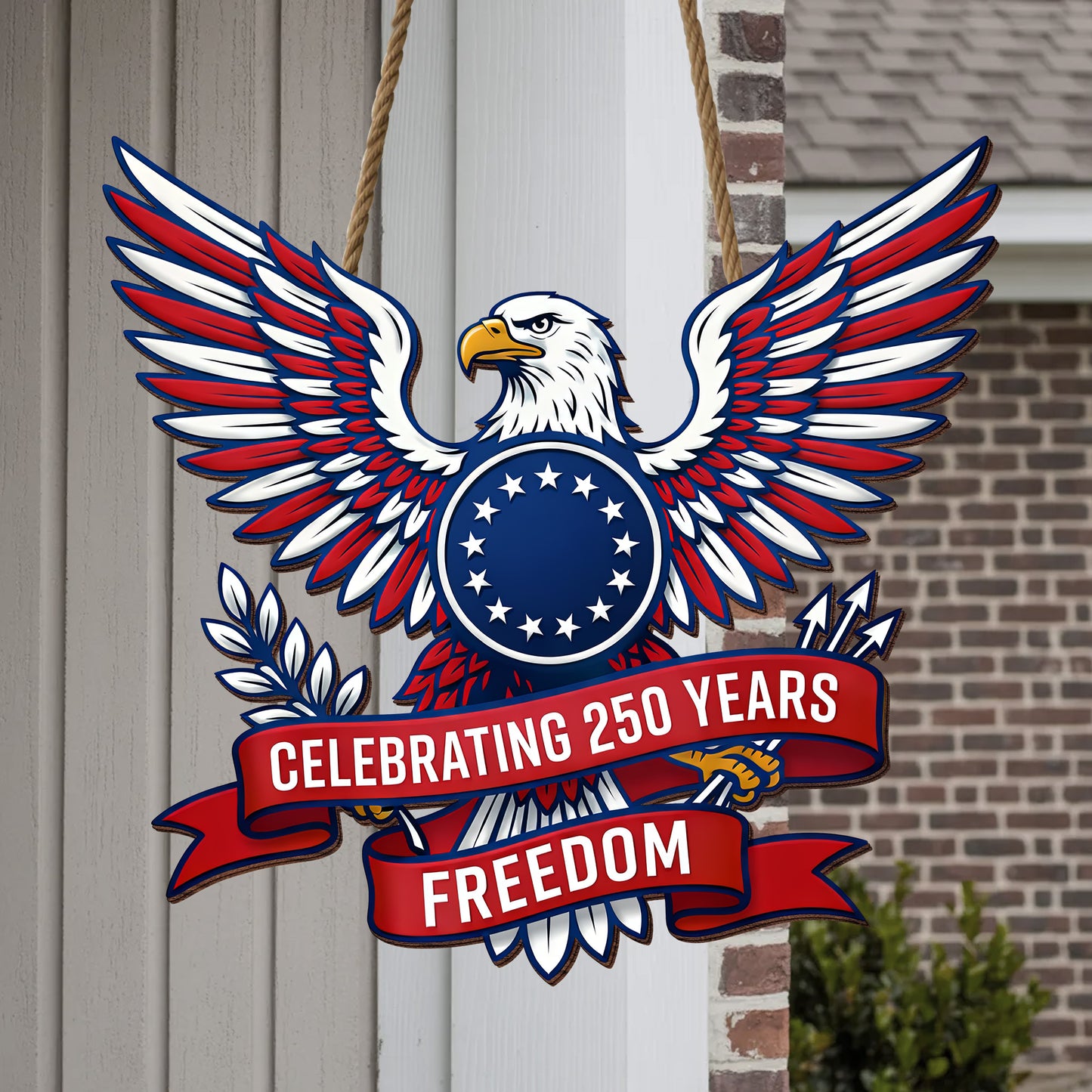 Celebrating 250 Years Freedom Wooden Sign: Patriotic Eagle Shaped Door Hanger