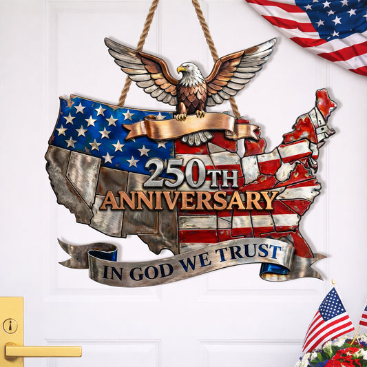 In God We Trust USA Map 250th Anniversary Wood Sign
