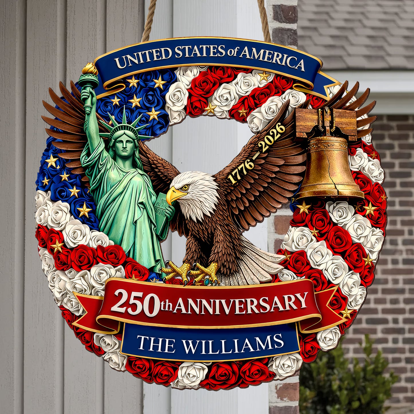 Personalized Freedom & Liberty - 250th Anniversary Floral Wreath Wood Sign