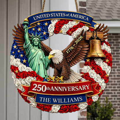 Personalized Freedom & Liberty - 250th Anniversary Floral Wreath Wood Sign