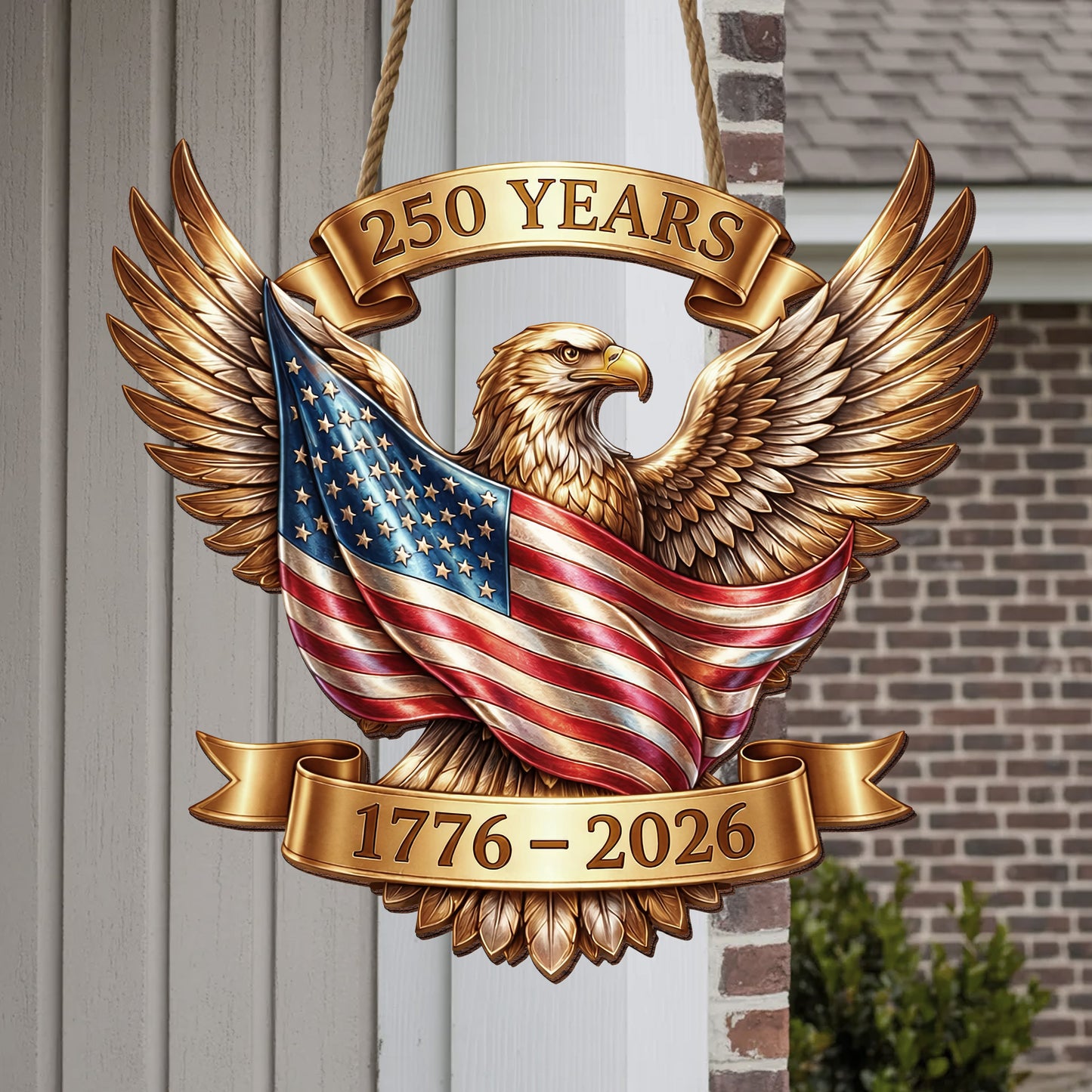 Rustic Wooden USA 250th Sign: Patriotic Eagle Wall Decor 1776-2026, Semiquincentennial Door Hanger