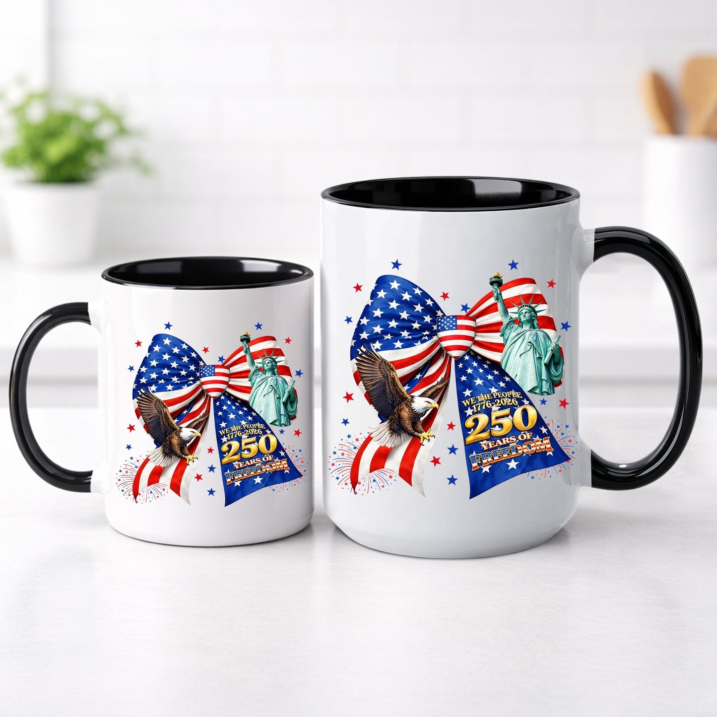 We The People 250 Years of Freedom Patriotic Bow Statue of Liberty Eagle Accent Coffee Mug